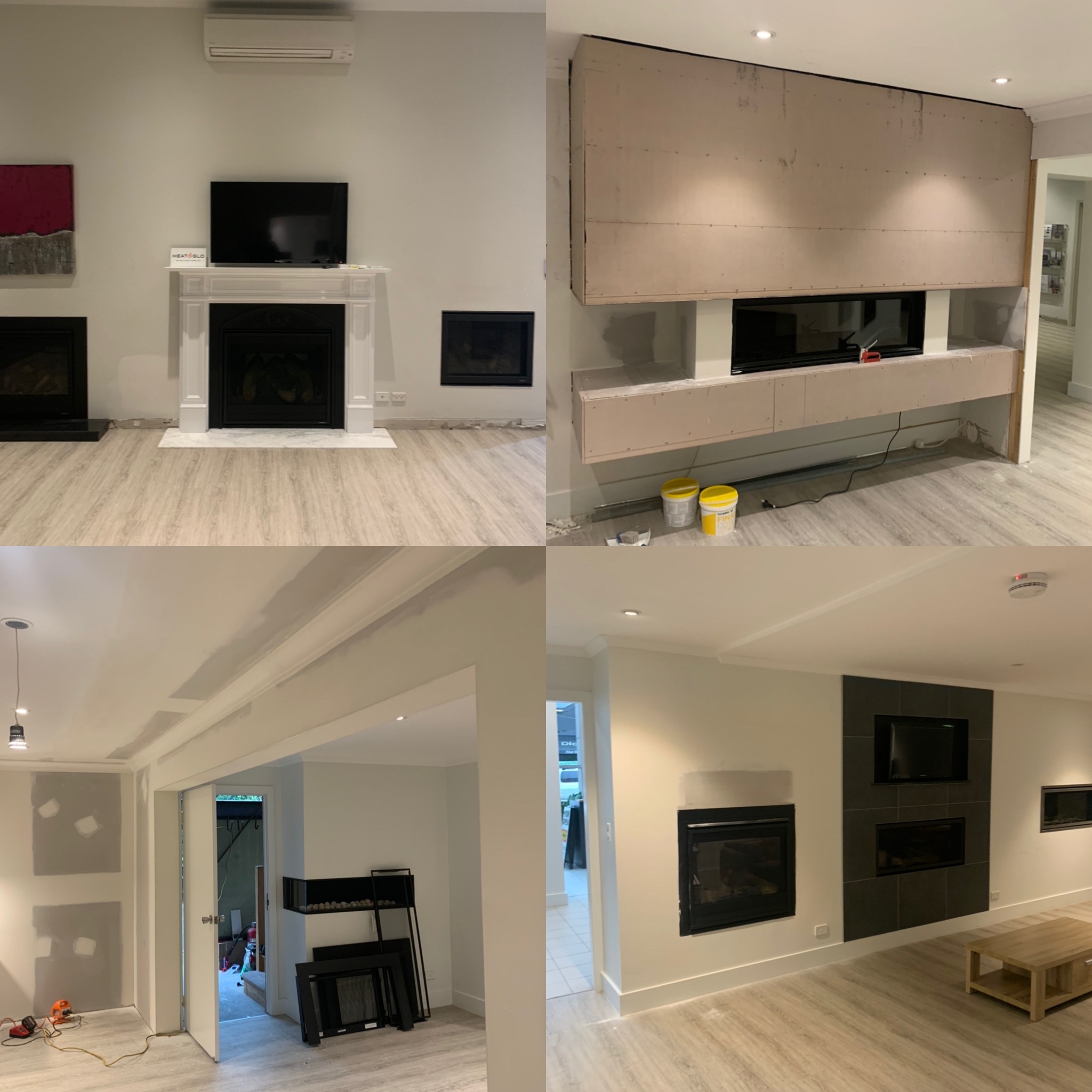 Renovated kitchen and living area with plastered walls